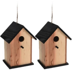 Merkloos Vogelhuisje - Zwart En Naturel - Hout - Ophangbaar - 22 Cm -Exporteren Tuin & Thuis Decor Winkel 1000058157 0102